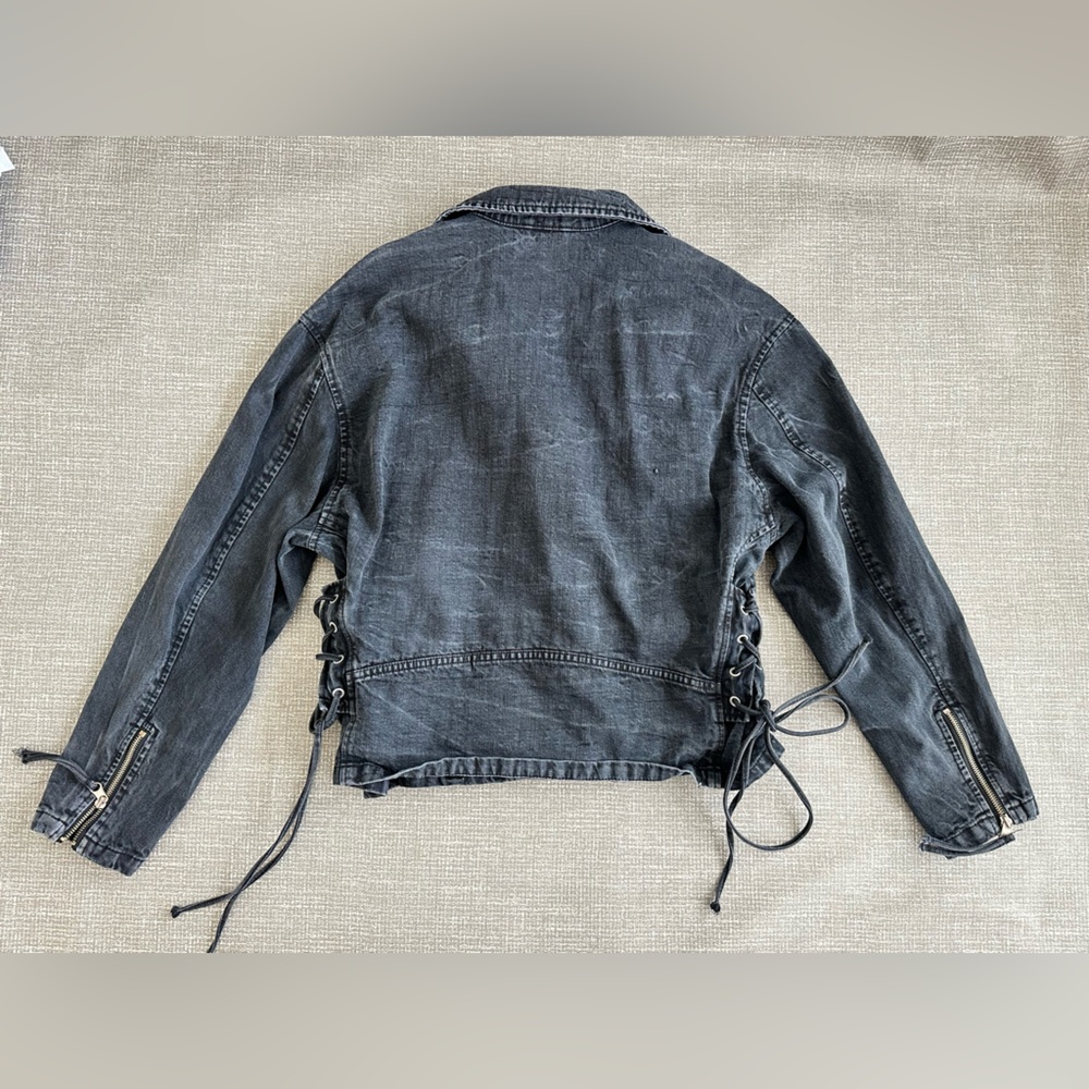 Free People Oversized Moto Jacket Black Denim Belted Lace Up Small Boho Biker - Picture 5 of 15